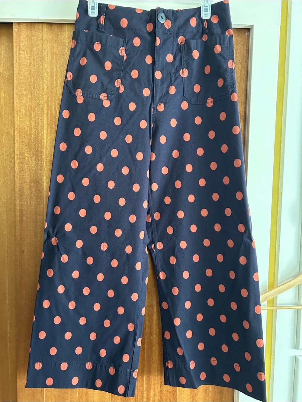 Anthropologie Maeve Navy Pants with Rust Polka Dots